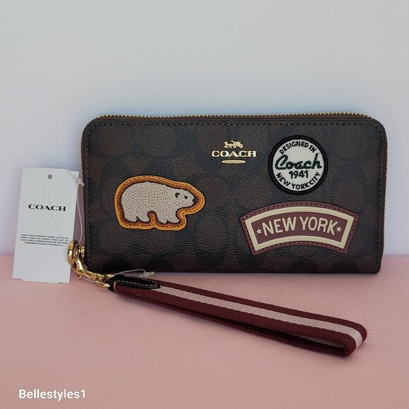 COACH Signature Canvas With Ski Patches Zip-Around Wallet/Wristlet-Brown Black - Picture 6 of 16